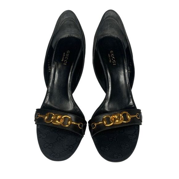 Gucci Black Monogram D’Orsay Heels Size 37C Gold Horsebit Chain Detail Authentic - Picture 2 of 12